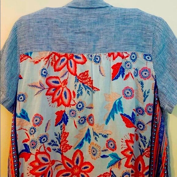 J. Jill Linen Blue & White Stripe Button Down Shirt W/ Sheer Floral Print Back - Picture 8 of 16